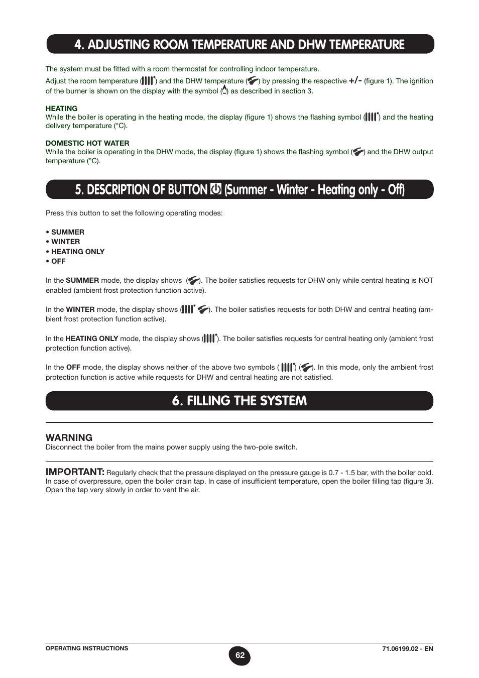 Adjusting room temperature and dhw temperature, Filling the system, Warning | Important | DE DIETRICH MS 24 BIC User Manual | Page 62 / 292