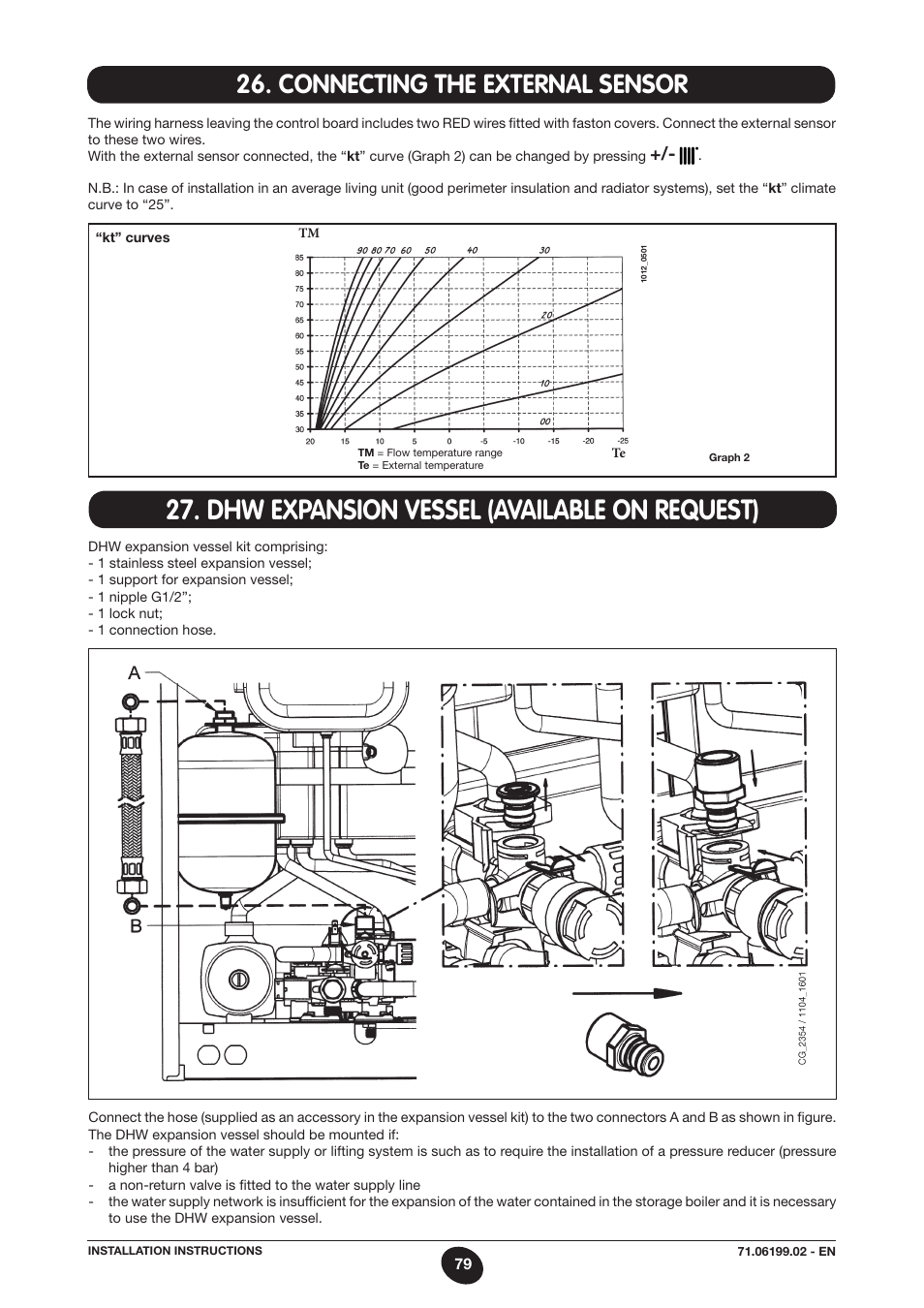 Dhw expansion vessel (available on request), Connecting the external sensor | DE DIETRICH MS 24 BIC User Manual | Page 79 / 292