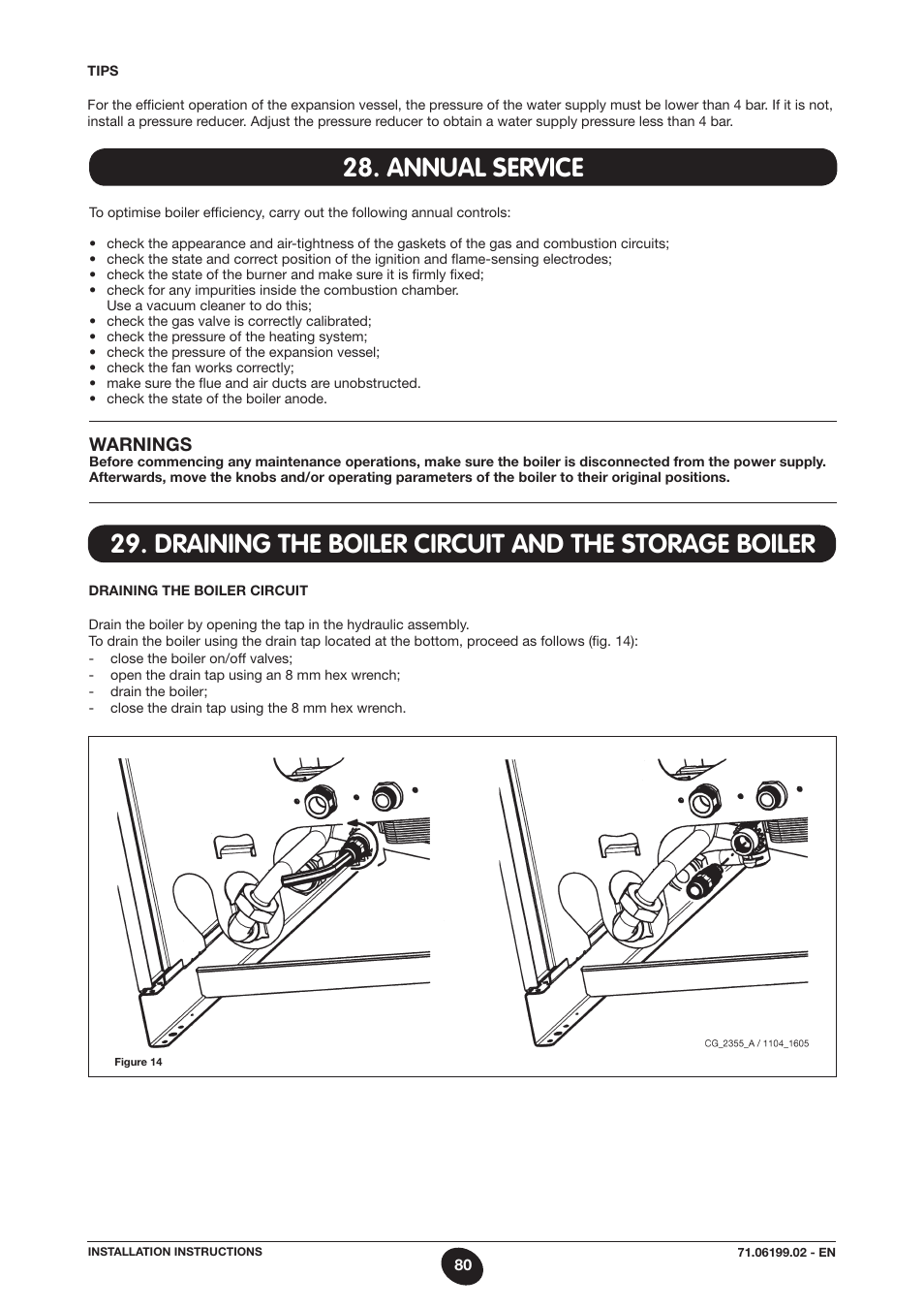 Annual service, Draining the boiler circuit and the storage boiler, Warnings | DE DIETRICH MS 24 BIC User Manual | Page 80 / 292