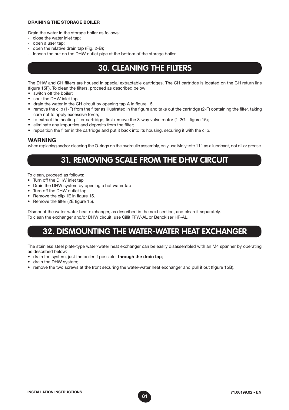 Cleaning the filters, Removing scale from the dhw circuit, Dismounting the water-water heat exchanger | DE DIETRICH MS 24 BIC User Manual | Page 81 / 292