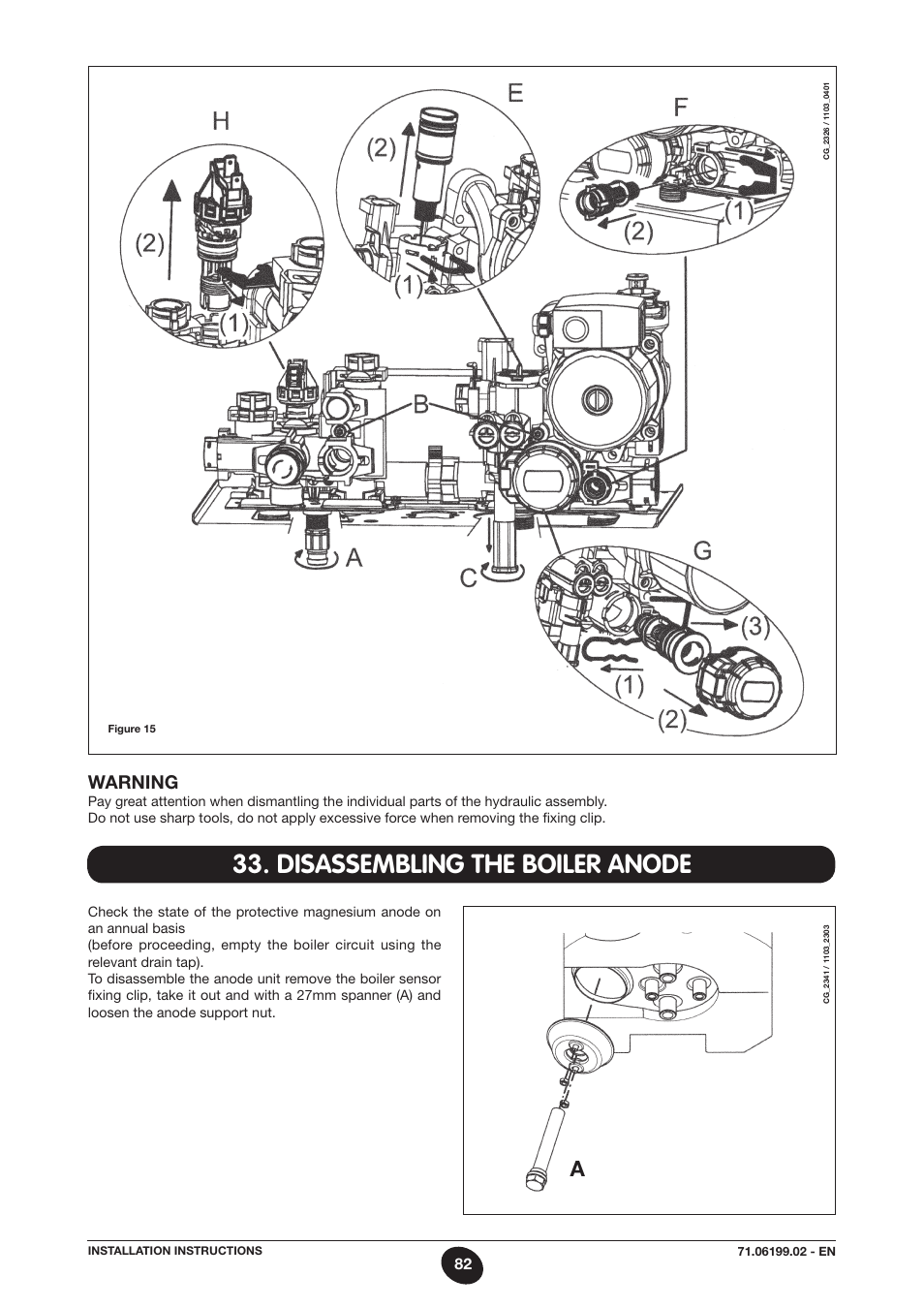 Disassembling the boiler anode, Warning | DE DIETRICH MS 24 BIC User Manual | Page 82 / 292