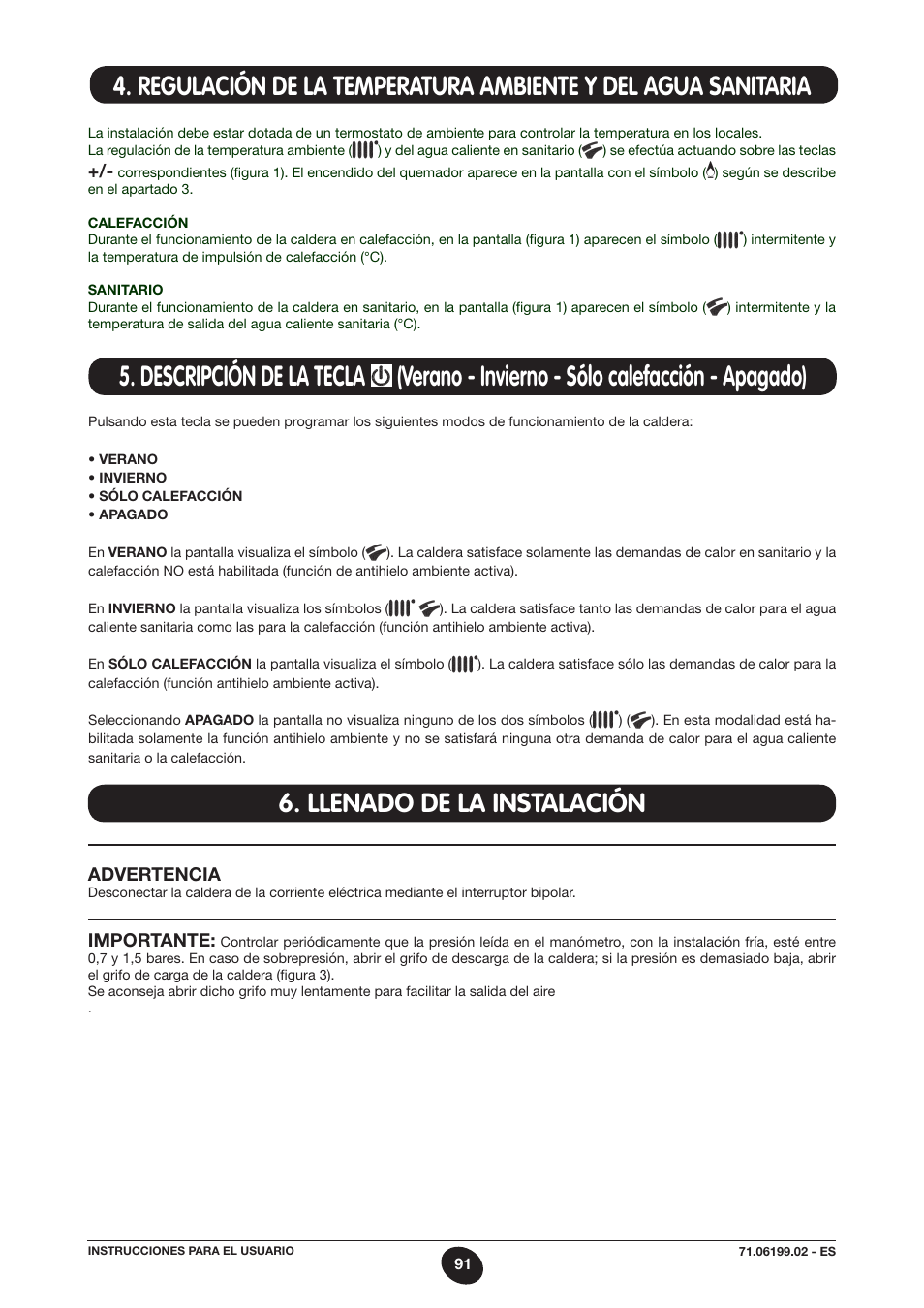 Llenado de la instalación, Advertencia, Importante | DE DIETRICH MS 24 BIC User Manual | Page 91 / 292