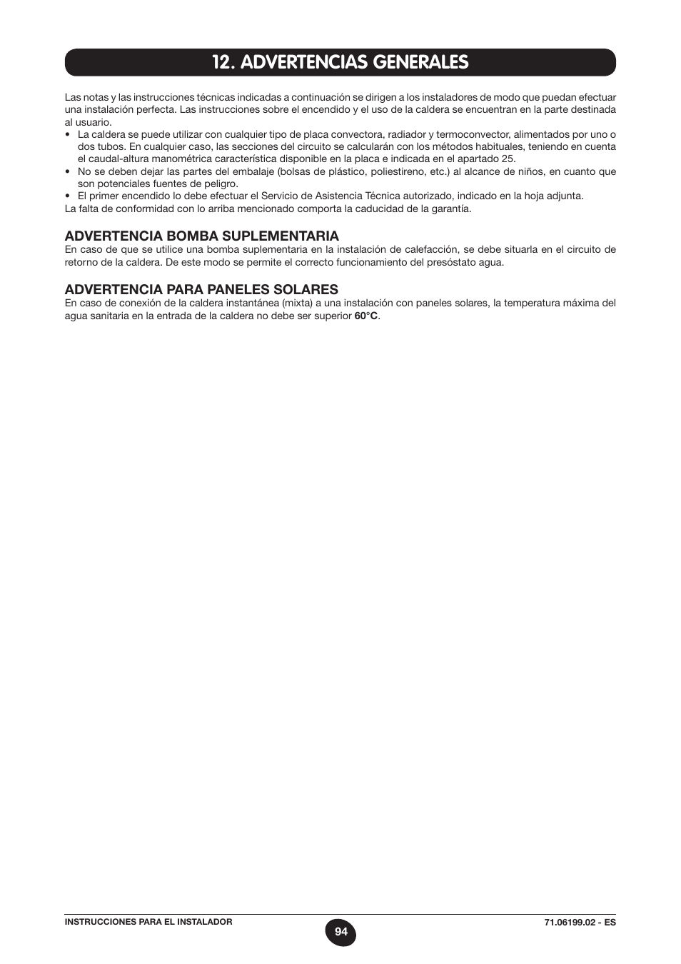 Advertencias generales, Advertencia bomba suplementaria, Advertencia para paneles solares | DE DIETRICH MS 24 BIC User Manual | Page 94 / 292