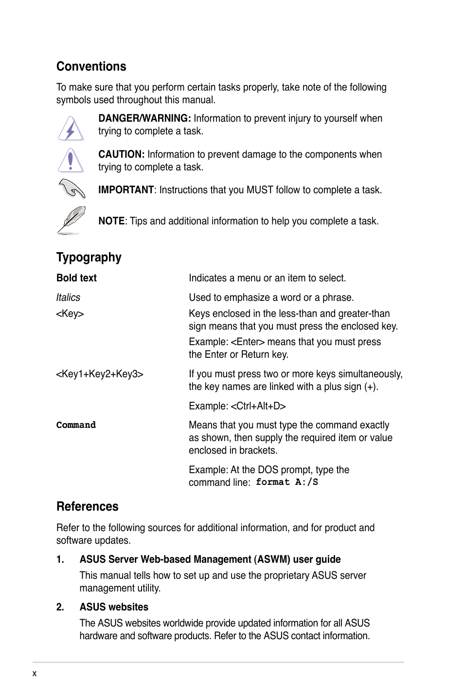 References, Conventions, Typography | Asus RS100-E6/PI2 User Manual | Page 10 / 156