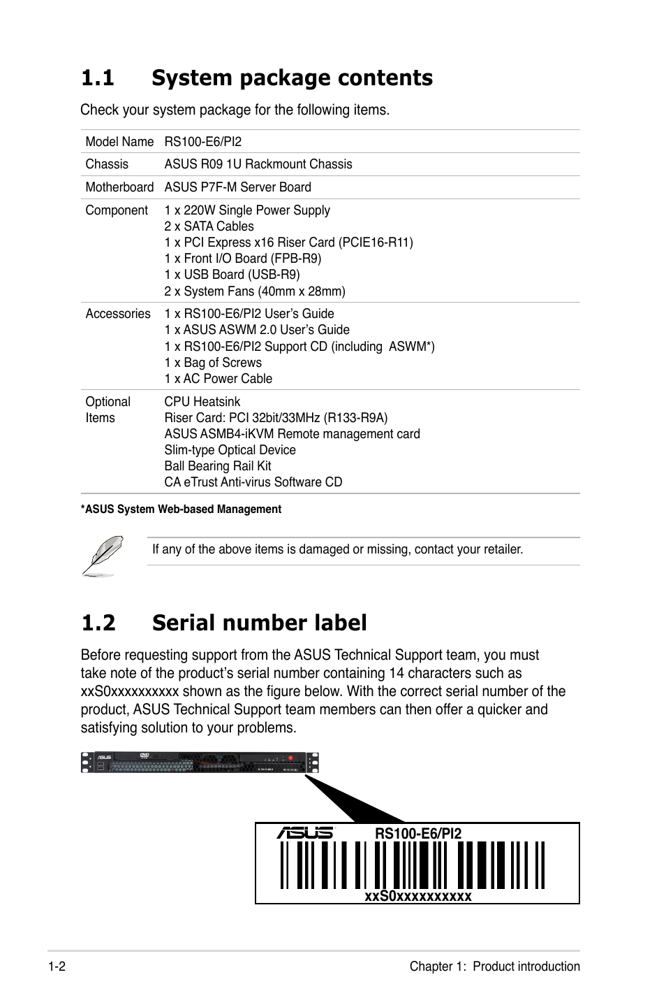 1 system package contents, 2 serial number label, System package contents -2 | Serial number label -2 | Asus RS100-E6/PI2 User Manual | Page 12 / 156