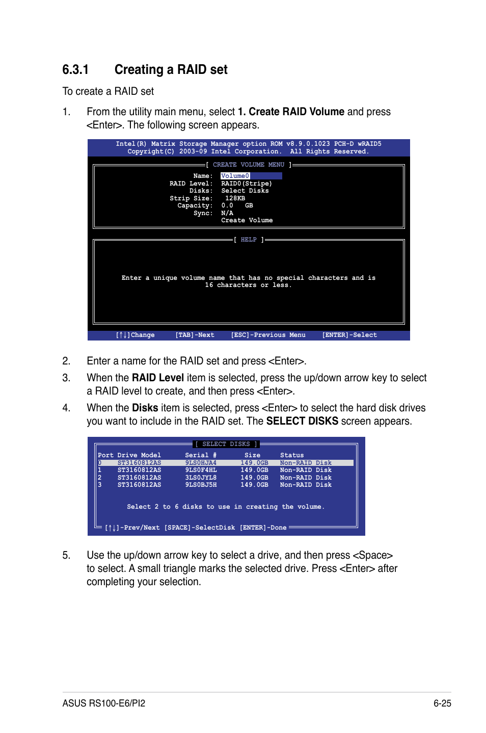 1 creating a raid set, Creating a raid set -25 | Asus RS100-E6/PI2 User Manual | Page 121 / 156