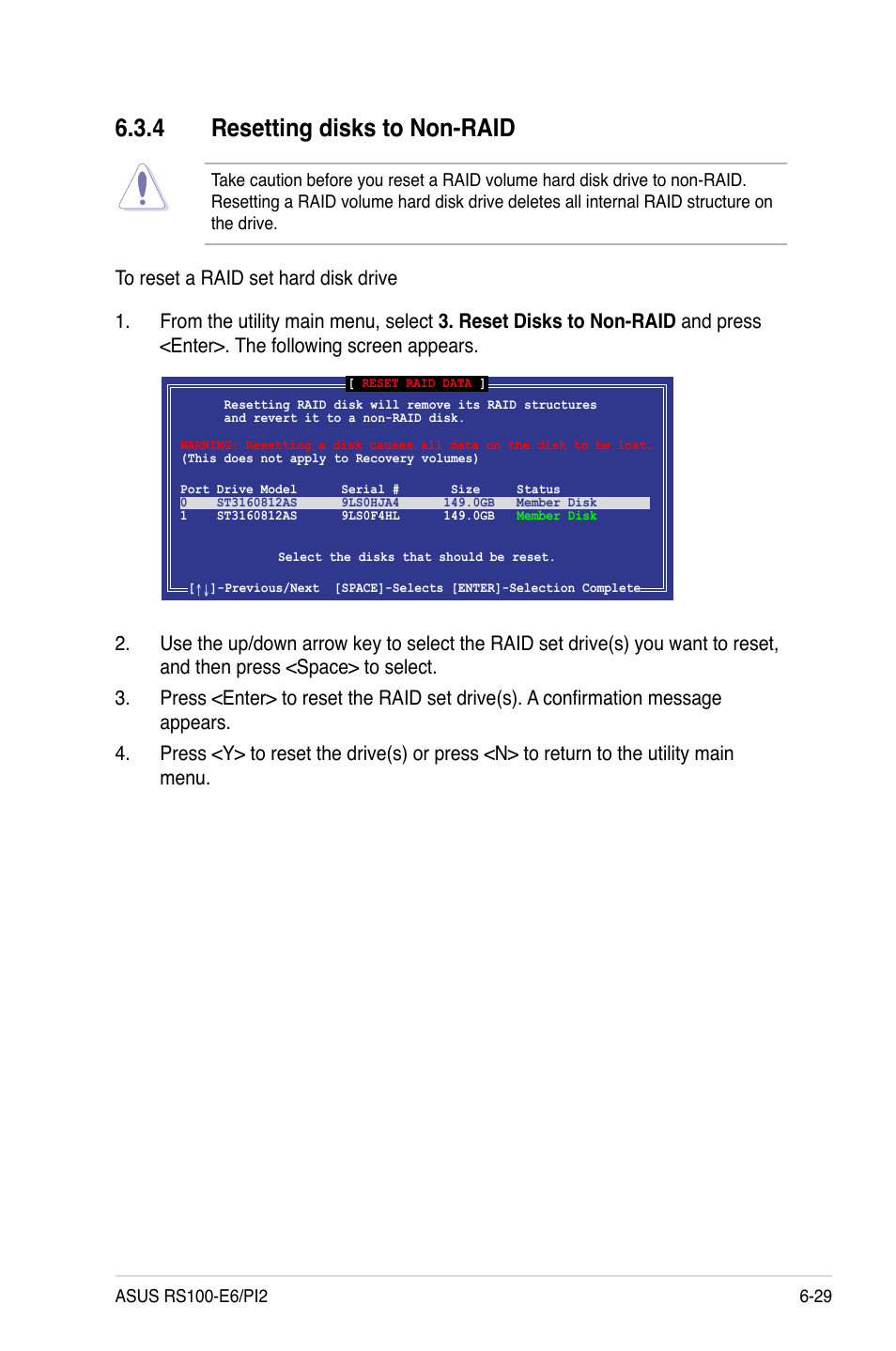 4 resetting disks to non-raid, Resetting disks to non-raid -29 | Asus RS100-E6/PI2 User Manual | Page 125 / 156