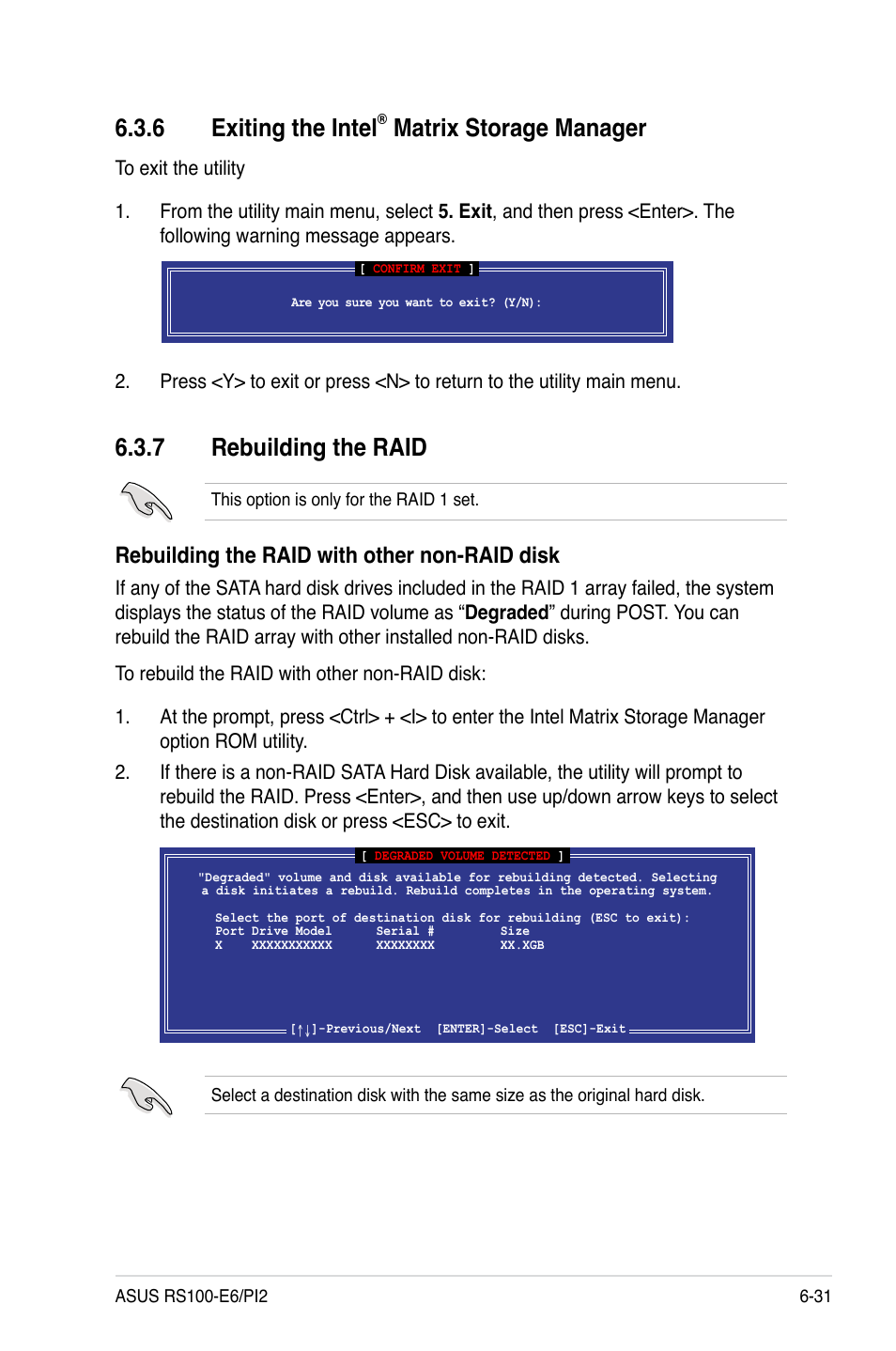 6 exiting the intel® matrix storage manager, 7 rebuilding the raid, Exiting the intel | Matrix storage manager -31, Rebuilding the raid -31, 6 exiting the intel, Matrix storage manager, Rebuilding the raid with other non-raid disk | Asus RS100-E6/PI2 User Manual | Page 127 / 156