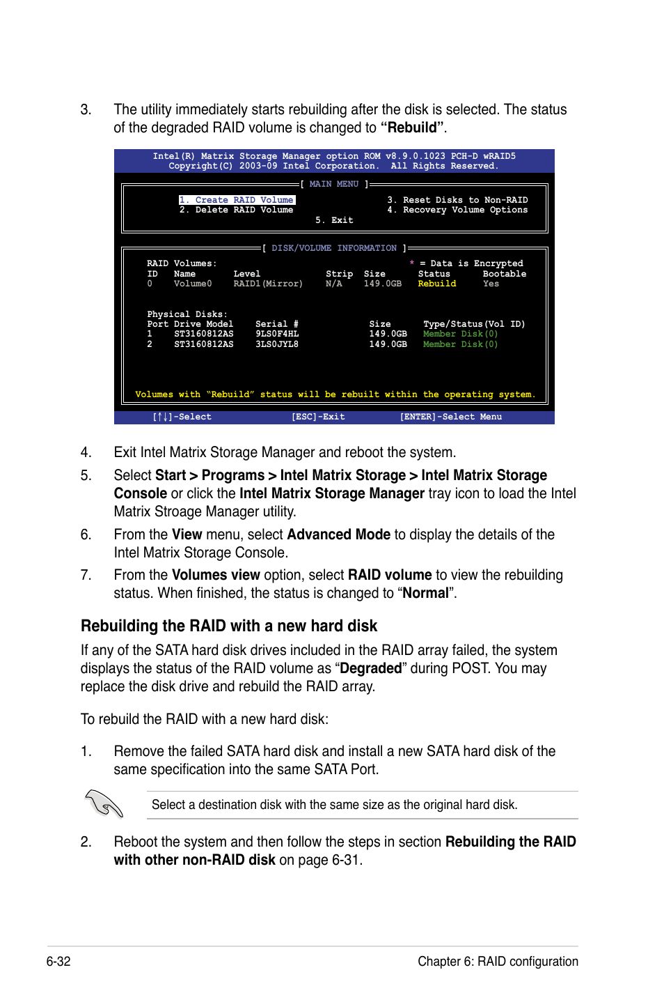 Rebuilding the raid with a new hard disk | Asus RS100-E6/PI2 User Manual | Page 128 / 156