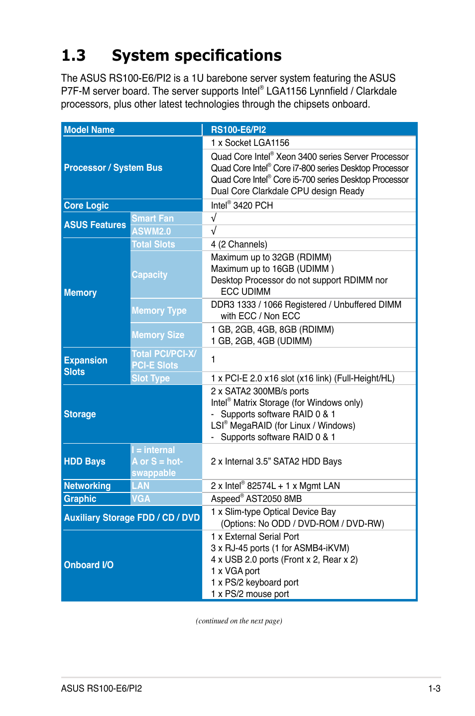 3 system specifications, System specifications -3 | Asus RS100-E6/PI2 User Manual | Page 13 / 156