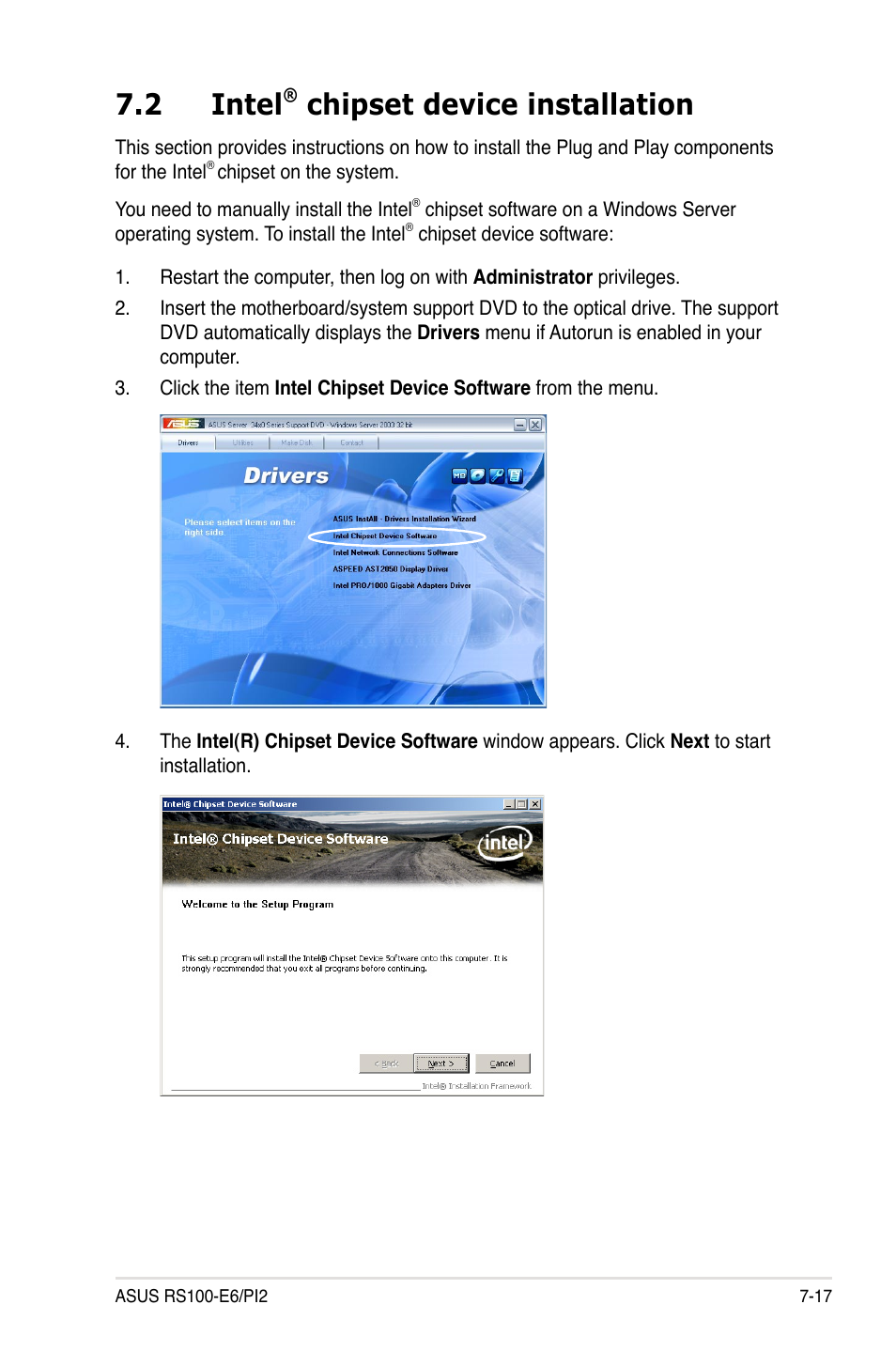 2 intel® chipset device installation, Intel, Chipset device installation -17 | 2 intel, Chipset device installation | Asus RS100-E6/PI2 User Manual | Page 147 / 156