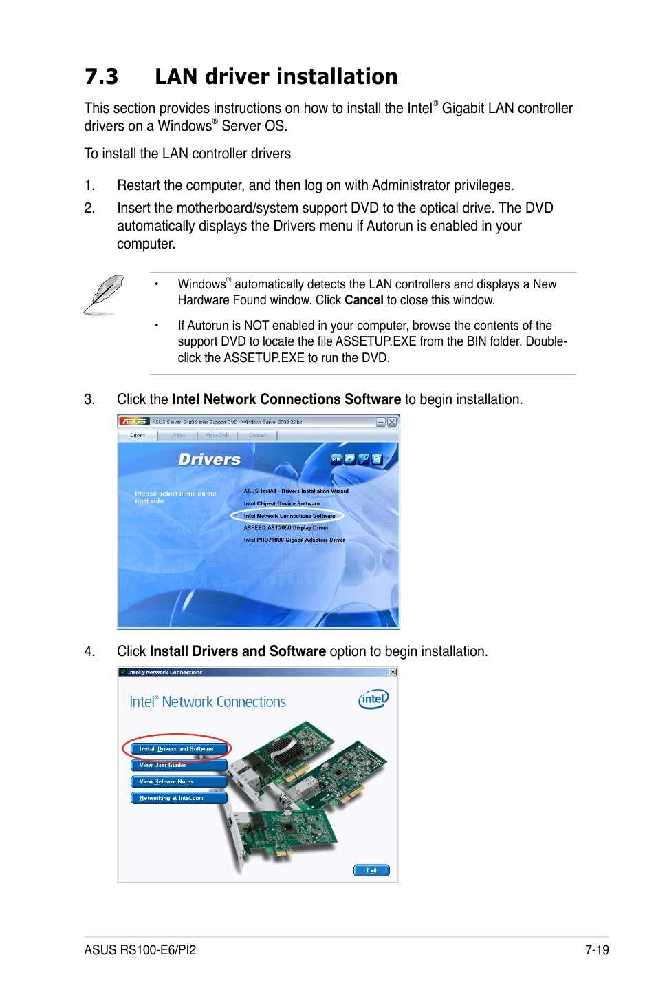 3 lan driver installation, Lan driver installation -19 | Asus RS100-E6/PI2 User Manual | Page 149 / 156