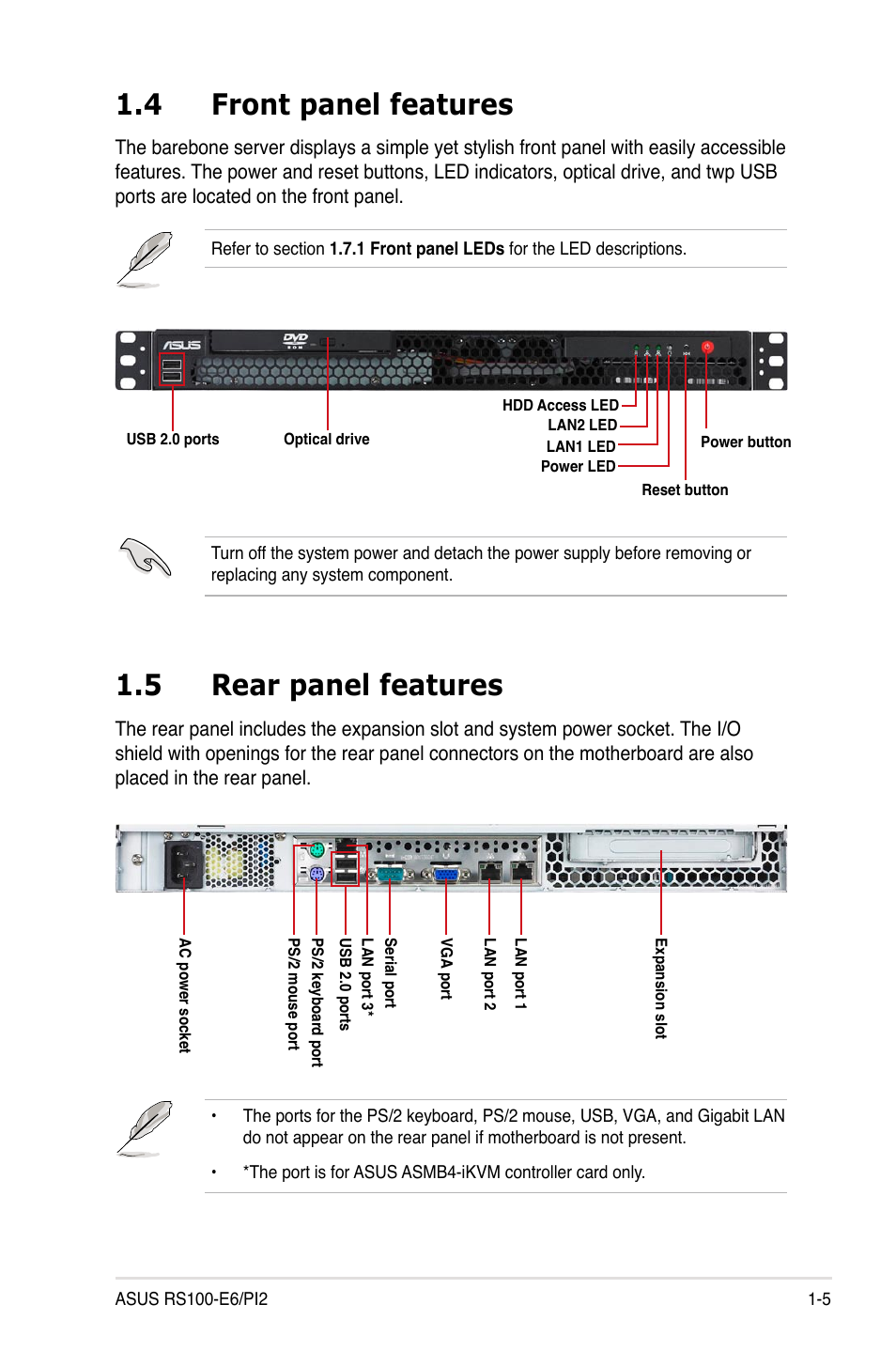 4 front panel features, 5 rear panel features, Front panel features -5 | Rear panel features -5 | Asus RS100-E6/PI2 User Manual | Page 15 / 156