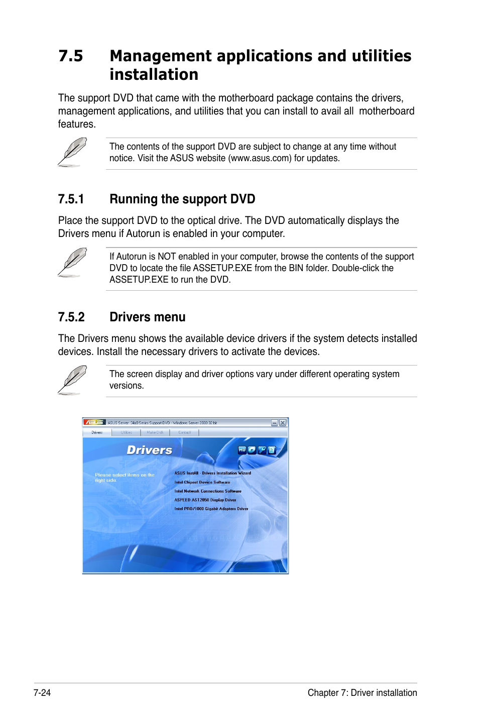 1 running the support dvd, 2 drivers menu, Running the support dvd -24 | Drivers menu -24 | Asus RS100-E6/PI2 User Manual | Page 154 / 156