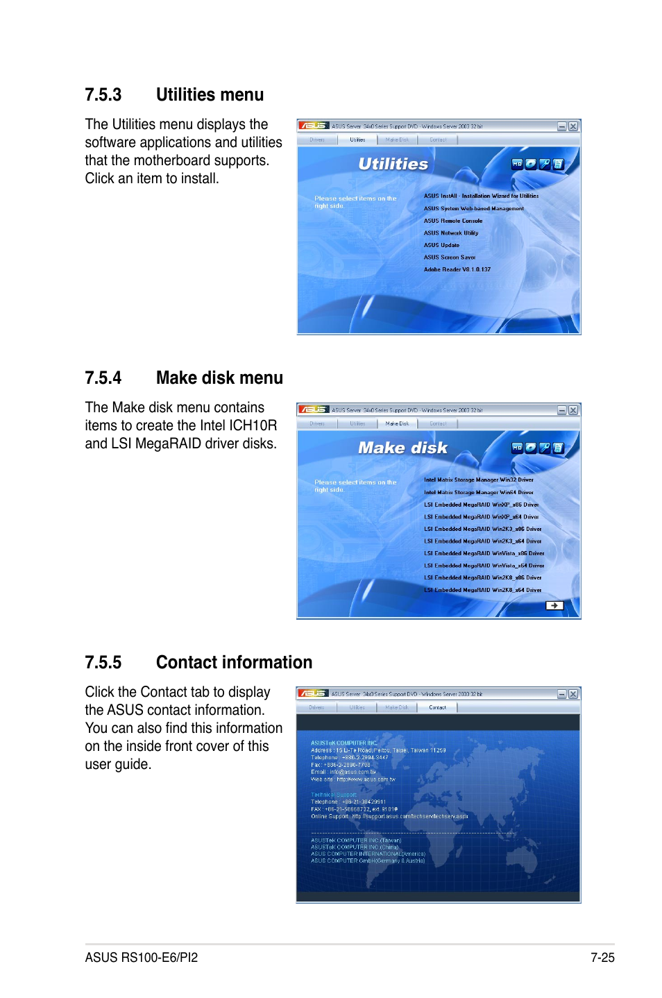 3 utilities menu, 4 make disk menu, 5 contact information | Utilities menu -25, Make disk menu -25, Contact information -25 | Asus RS100-E6/PI2 User Manual | Page 155 / 156