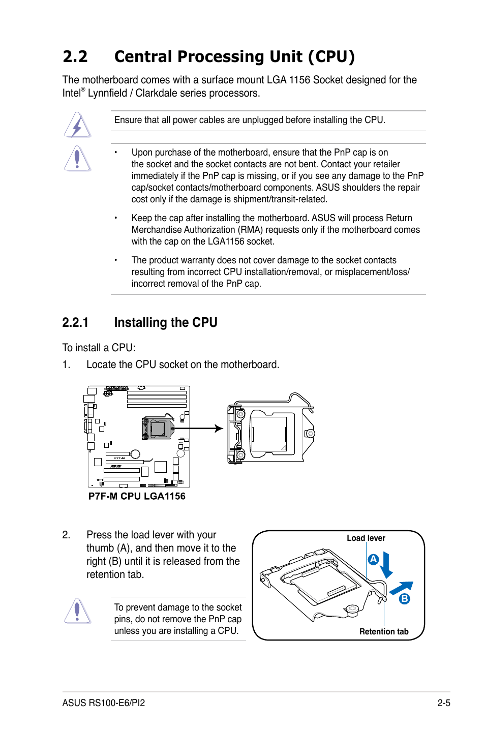 2 central processing unit (cpu), 1 installing the cpu, Central processing unit (cpu) -5 2.2.1 | Installing the cpu -5 | Asus RS100-E6/PI2 User Manual | Page 23 / 156