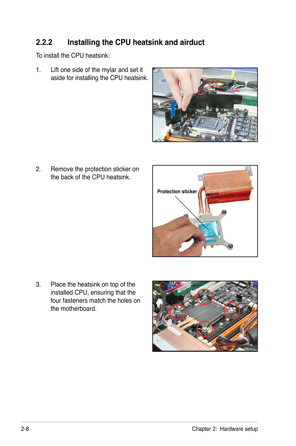 2 installing the cpu heatsink and airduct, Installing the cpu heatsink and airduct -8 | Asus RS100-E6/PI2 User Manual | Page 26 / 156