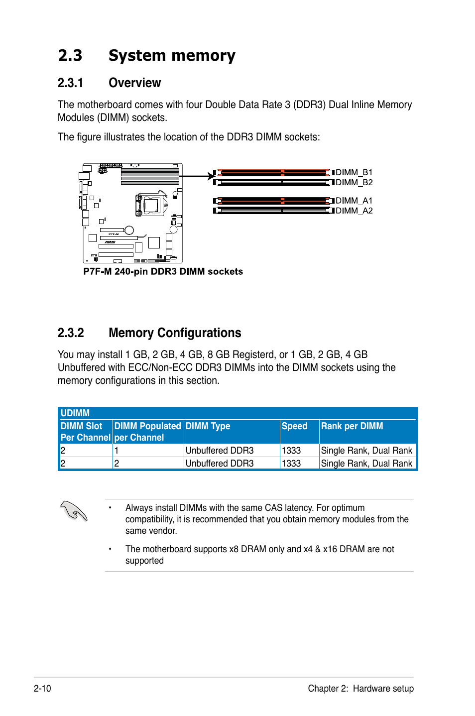 3 system memory, 1 overview, 2 memory configurations | System memory -10 2.3.1, Overview -10, Memory configurations -10 | Asus RS100-E6/PI2 User Manual | Page 28 / 156