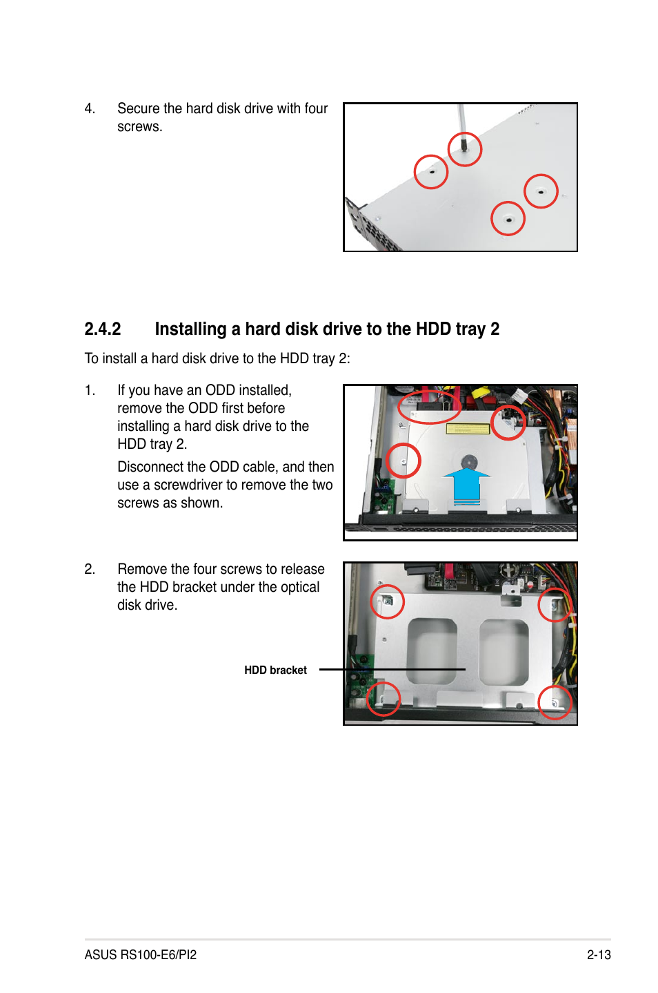 2 installing a hard disk drive to the hdd tray 2, Installing a hard disk drive to the hdd tray 2 -13 | Asus RS100-E6/PI2 User Manual | Page 31 / 156