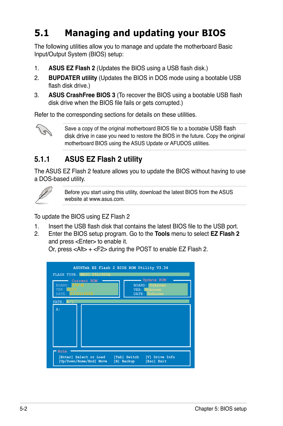 1 managing and updating your bios, 1 asus ez flash 2 utility, Managing and updating your bios -2 5.1.1 | Asus ez flash 2 utility -2, Usb flash disk drive | Asus RS100-E6/PI2 User Manual | Page 62 / 156