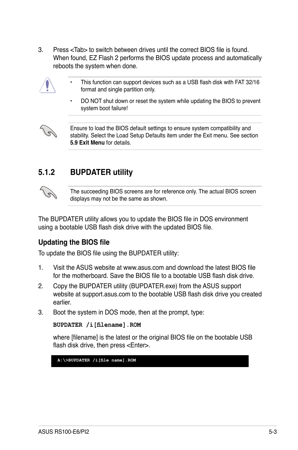 2 bupdater utility, Bupdater utility -3, Updating the bios file | Asus RS100-E6/PI2 User Manual | Page 63 / 156