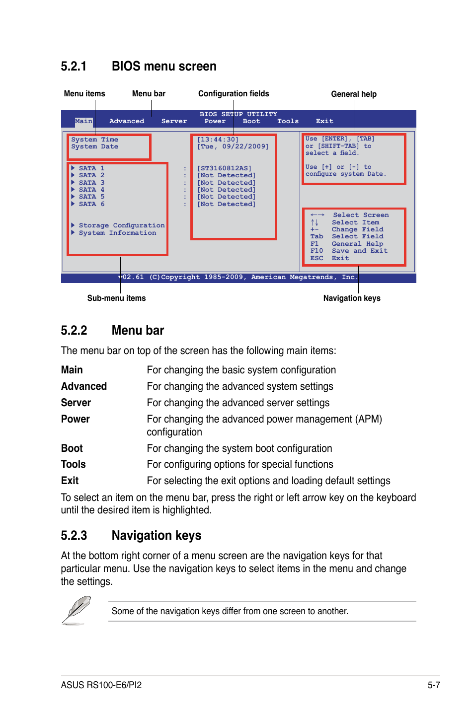 1 bios menu screen, 2 menu bar, 3 navigation keys | Bios menu screen -7, Menu bar -7, Navigation keys -7 | Asus RS100-E6/PI2 User Manual | Page 67 / 156