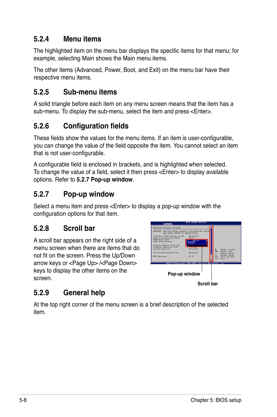 4 menu items, 5 sub-menu items, 6 configuration fields | 7 pop-up window, 8 scroll bar, 9 general help, Menu items -8, Sub-menu items -8, Configuration fields -8, Pop-up window -8 | Asus RS100-E6/PI2 User Manual | Page 68 / 156