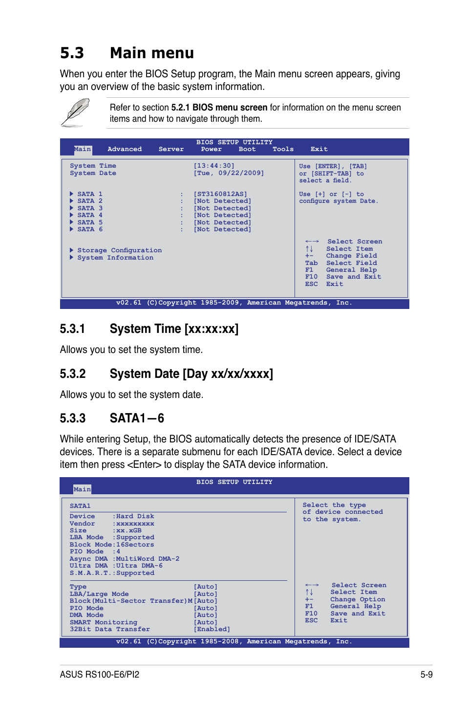 3 main menu, 1 system time [xx:xx:xx, 2 system date [day xx/xx/xxxx | 3 sata1—6, Main menu -9 5.3.1, System time [xx:xx:xx] -9, System date [day xx/xx/xxxx] -9, Sata1—6 -9, Allows you to set the system time, Allows you to set the system date | Asus RS100-E6/PI2 User Manual | Page 69 / 156