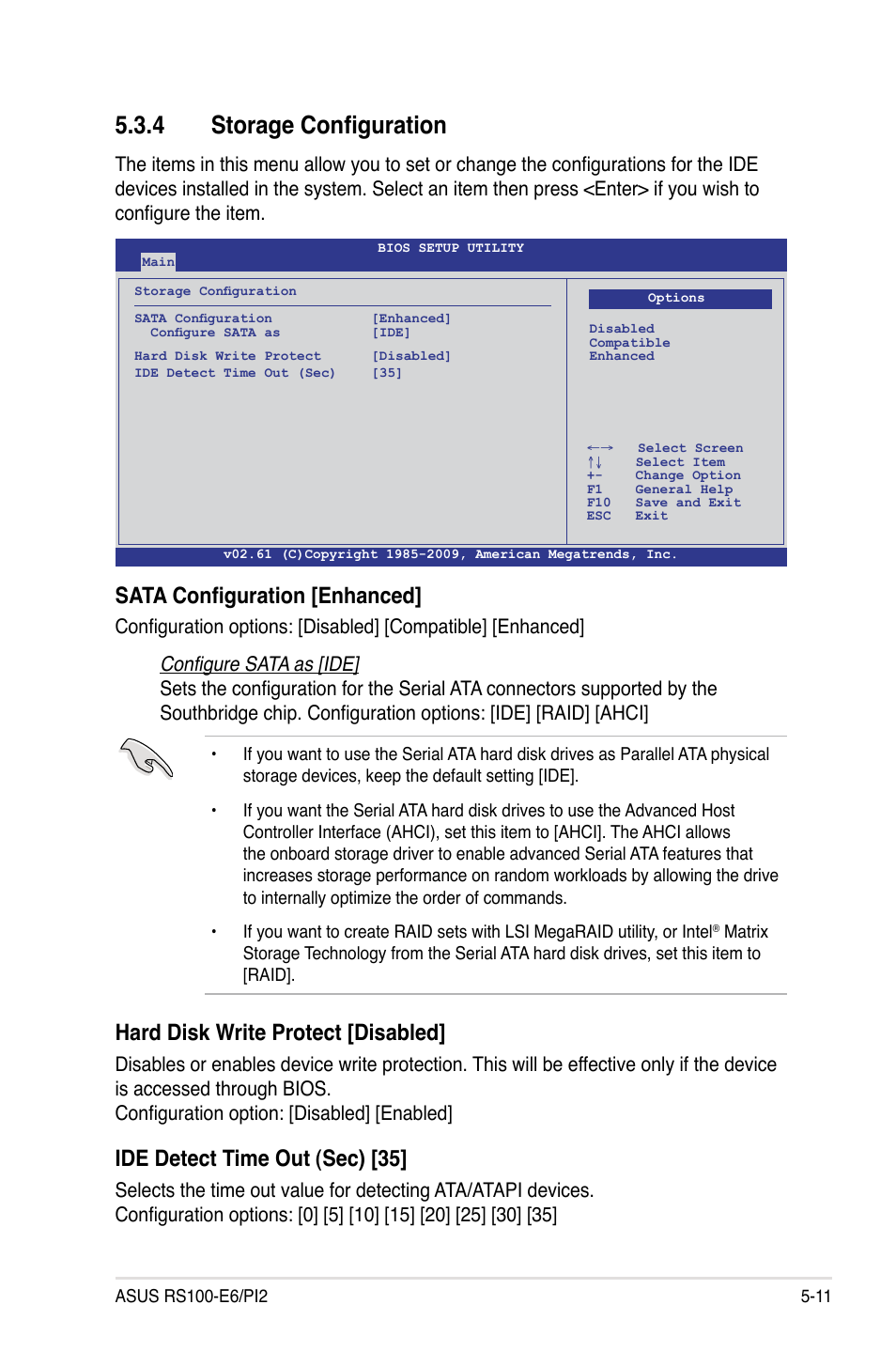 4 storage configuration, Storage configuration -11, Sata configuration [enhanced | Hard disk write protect [disabled, Ide detect time out (sec) [35 | Asus RS100-E6/PI2 User Manual | Page 71 / 156