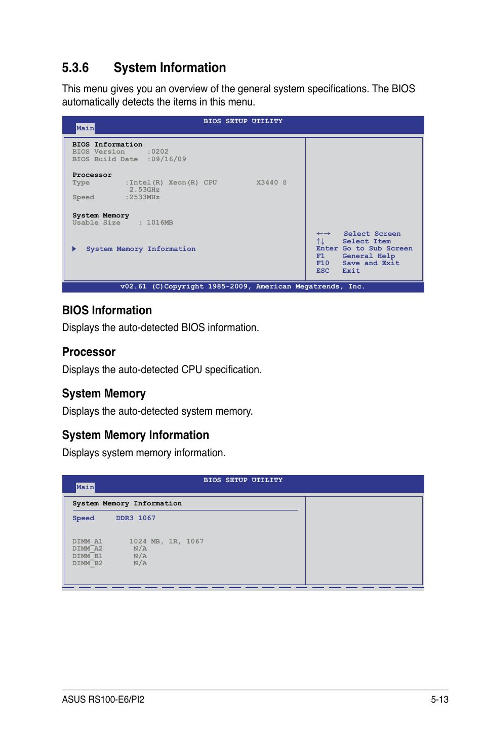 6 system information, System information -13, Bios information | Processor, Displays the auto-detected bios information, Displays the auto-detected cpu specification | Asus RS100-E6/PI2 User Manual | Page 73 / 156