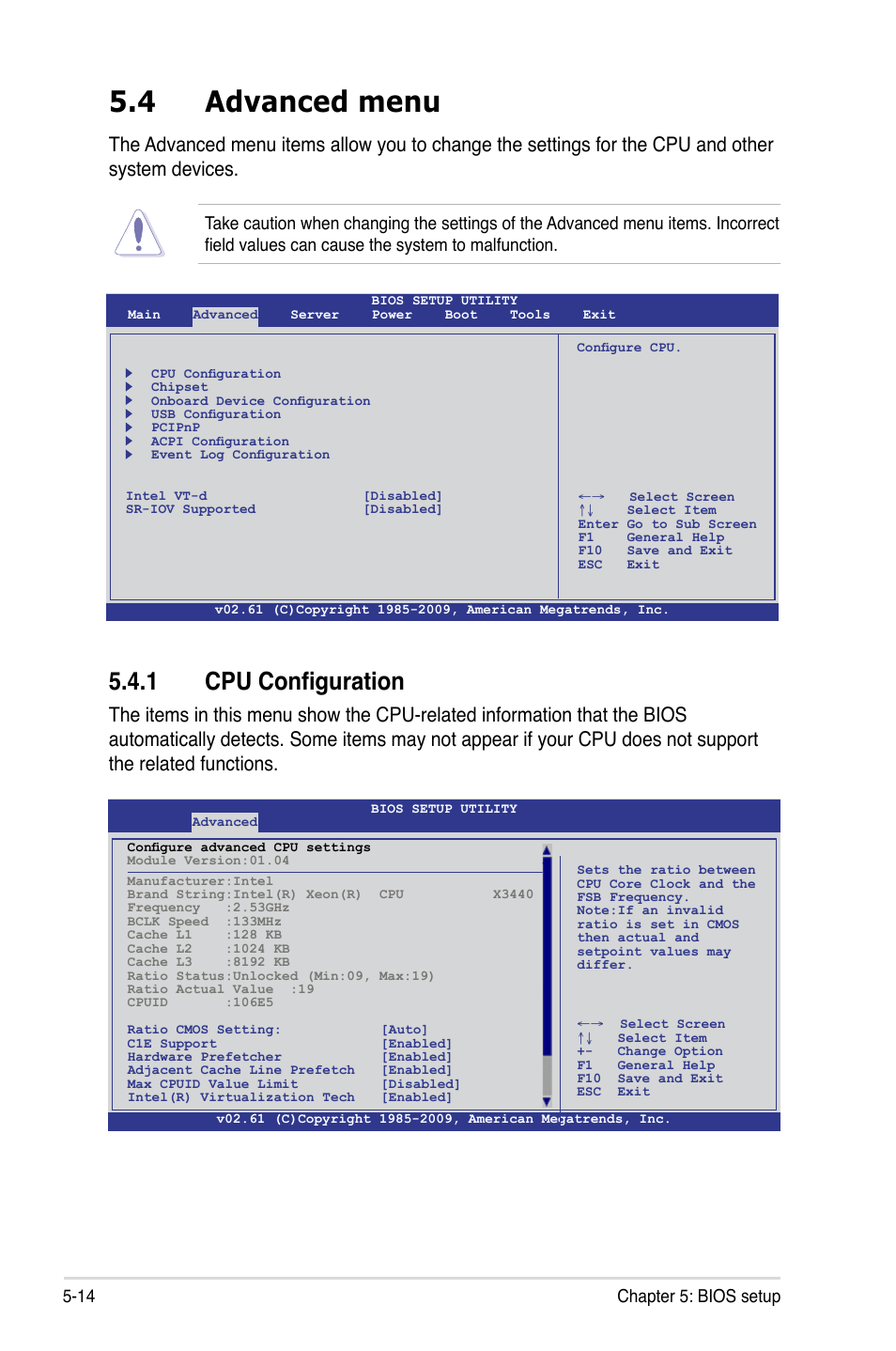 4 advanced menu, 1 cpu configuration, Advanced menu -14 5.4.1 | Cpu configuration -14, 14 chapter 5: bios setup | Asus RS100-E6/PI2 User Manual | Page 74 / 156