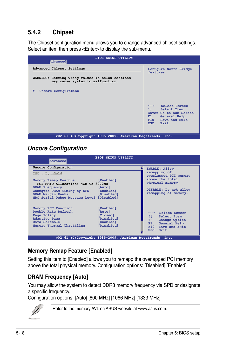 2 chipset, Chipset -18, Uncore configuration | Dram frequency [auto, 18 chapter 5: bios setup | Asus RS100-E6/PI2 User Manual | Page 78 / 156