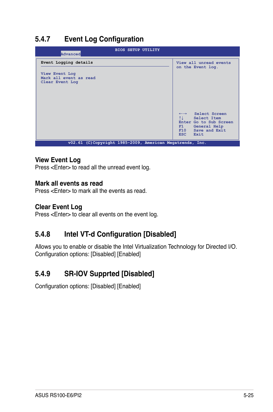 7 event log configuration, 8 intel vt-d configuration [disabled, 9 sr-iov supprted [disabled | Event log configuration -25, Intel vt-d configuration [disabled] -25, Sr-iov supprted [disabled] -25, View event log, Mark all events as read, Clear event log | Asus RS100-E6/PI2 User Manual | Page 85 / 156