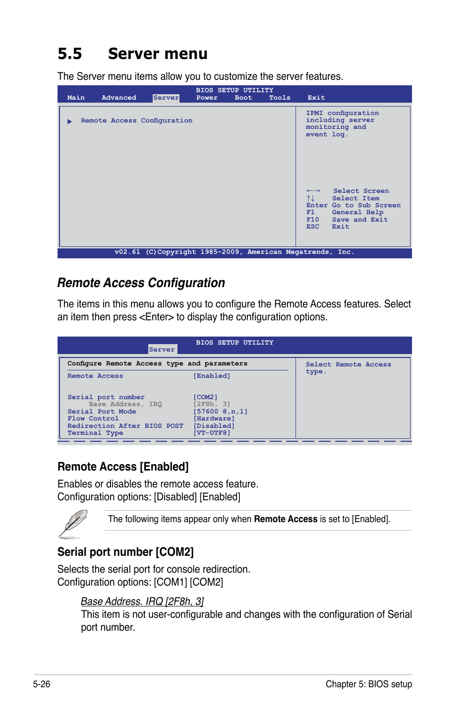 5 server menu, Server menu -26, Remote access configuration | Remote access [enabled, Serial port number [com2 | Asus RS100-E6/PI2 User Manual | Page 86 / 156