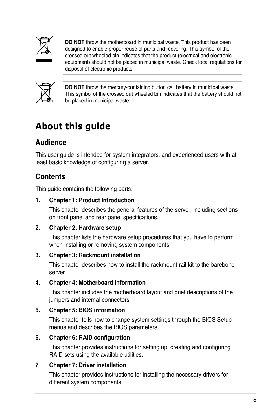 Asus RS100-E6/PI2 User Manual | Page 9 / 156