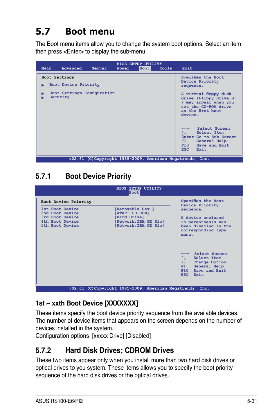 7 boot menu, 1 boot device priority, 2 hard disk drives; cdrom drives | Boot menu -31 5.7.1, Boot device priority -31, Hard disk drives; cdrom drives -31 | Asus RS100-E6/PI2 User Manual | Page 91 / 156