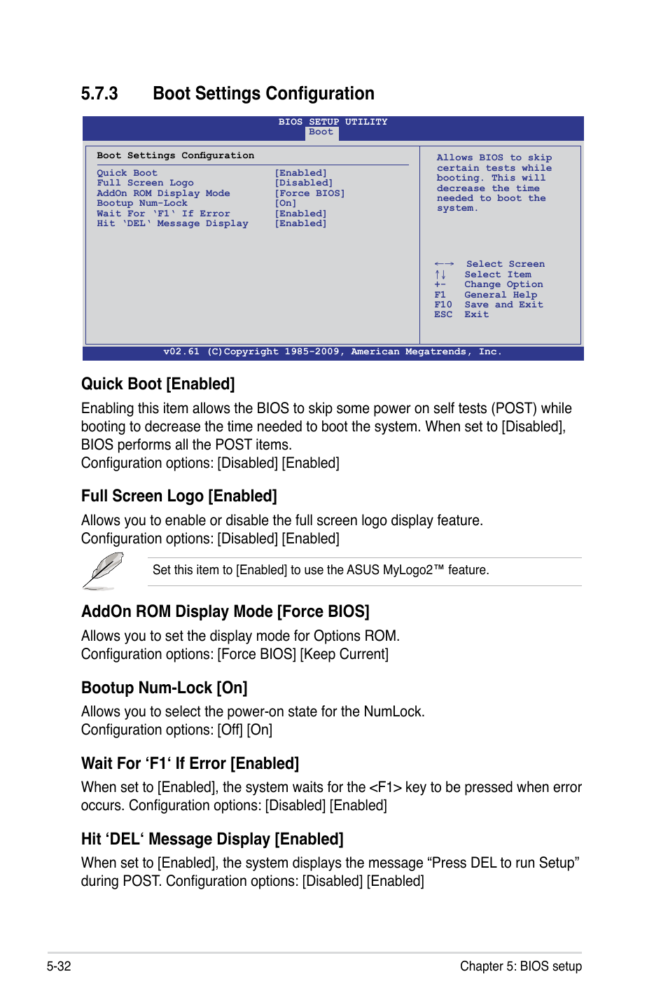 3 boot settings configuration, Boot settings configuration -32, Quick boot [enabled | Full screen logo [enabled, Addon rom display mode [force bios, Bootup num-lock [on, Wait for ‘f1‘ if error [enabled, Hit ‘del‘ message display [enabled | Asus RS100-E6/PI2 User Manual | Page 92 / 156