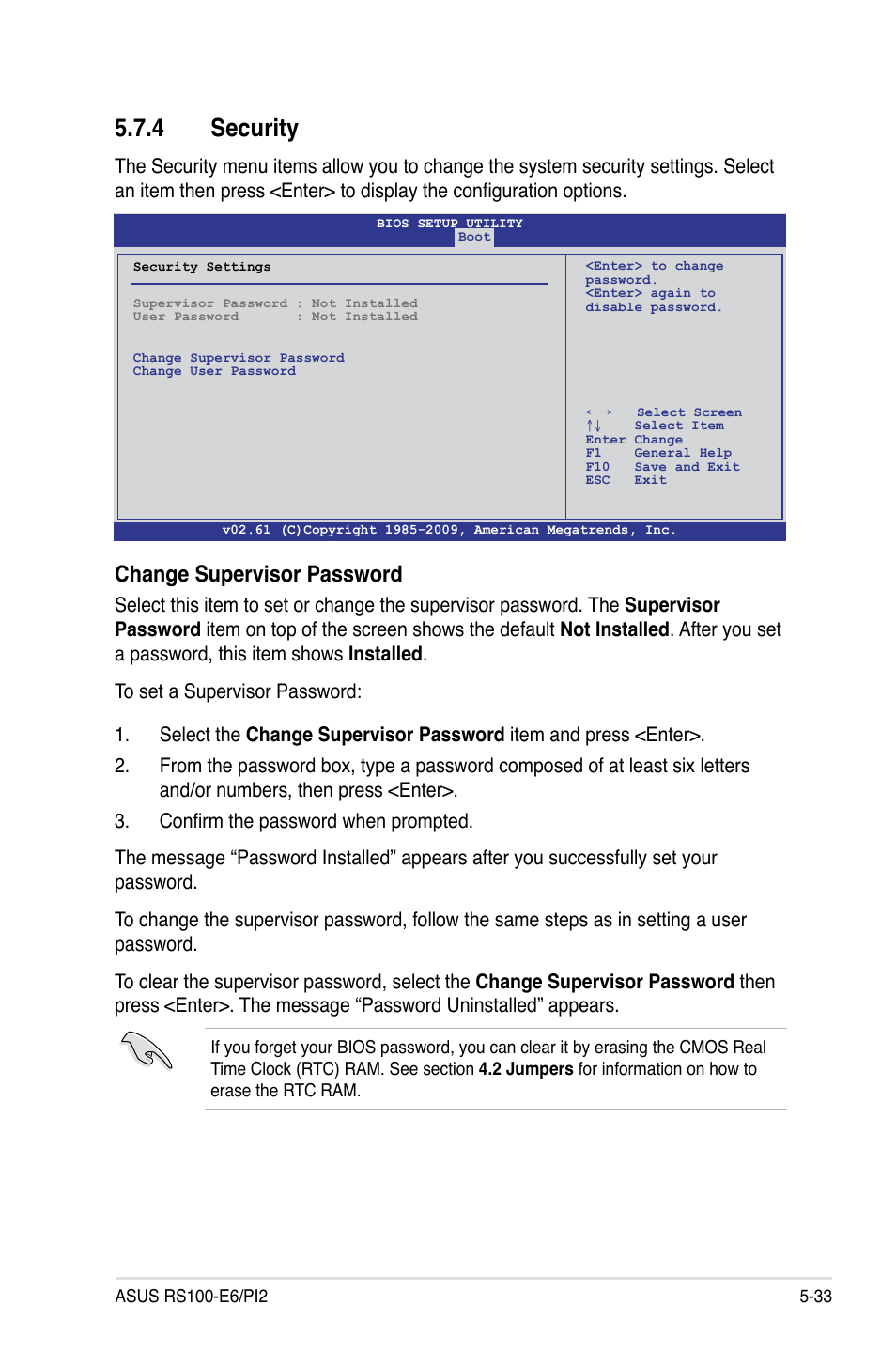 4 security, Security -33, Change supervisor password | Asus RS100-E6/PI2 User Manual | Page 93 / 156