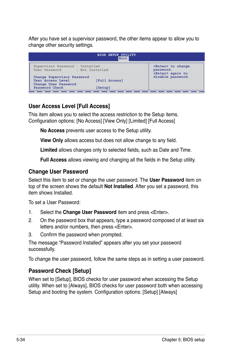 User access level [full access, Change user password, Password check [setup | Asus RS100-E6/PI2 User Manual | Page 94 / 156