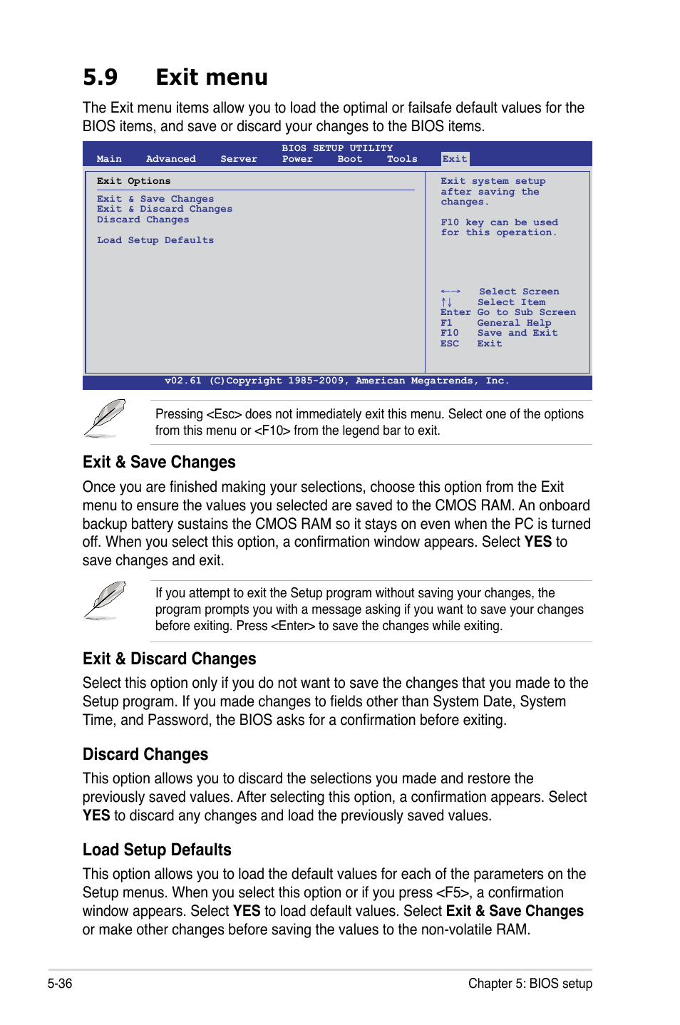 9 exit menu, Exit menu -36, Exit & save changes | Exit & discard changes, Discard changes, Load setup defaults | Asus RS100-E6/PI2 User Manual | Page 96 / 156