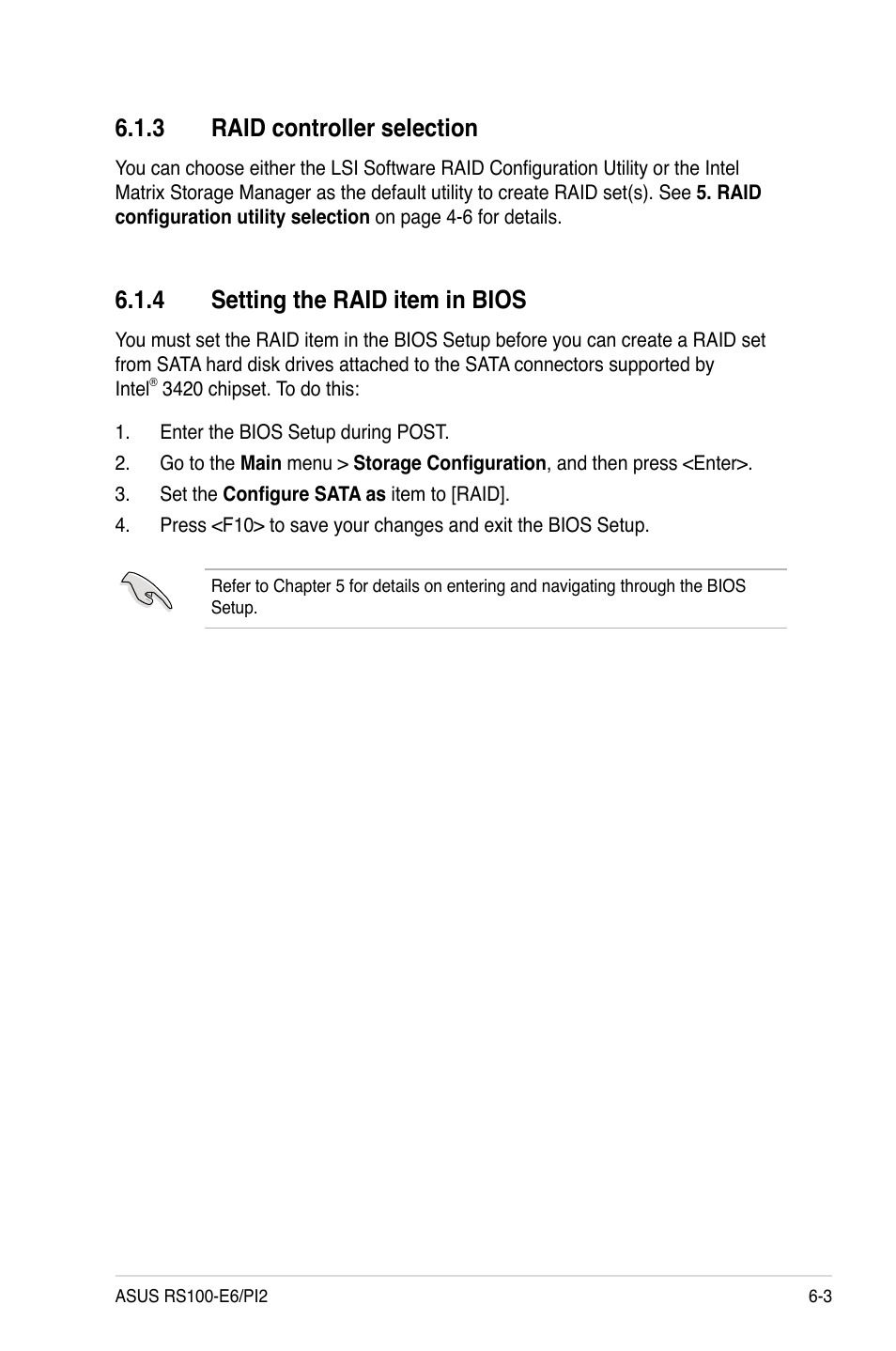 3 raid controller selection, 4 setting the raid item in bios, Raid controller selection -3 | Setting the raid item in bios -3 | Asus RS100-E6/PI2 User Manual | Page 99 / 156