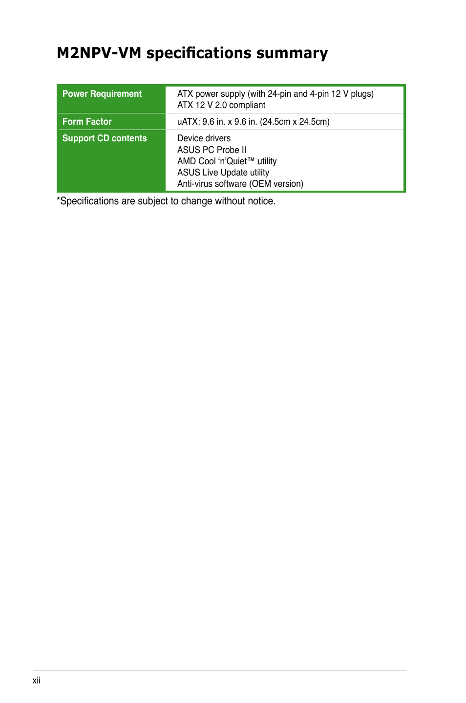 M2npv-vm specifications summary | Asus M2NPV-VM User Manual | Page 12 / 102