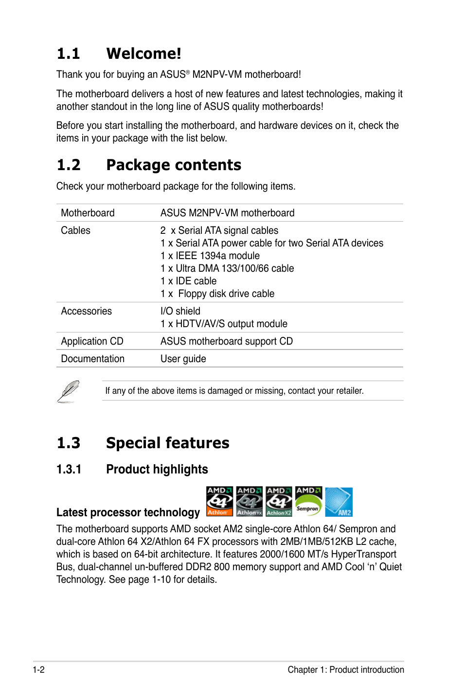 1 welcome, 2 package contents, 3 special features | 1 product highlights | Asus M2NPV-VM User Manual | Page 14 / 102