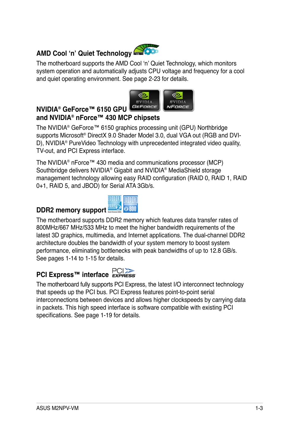 Nvidia, Geforce™.6150.gpu. . . and nvidia, Nforce™.430.mcp.chipsets | Pci.express™.interface, Amd cool ‘n’ quiet technology | Asus M2NPV-VM User Manual | Page 15 / 102