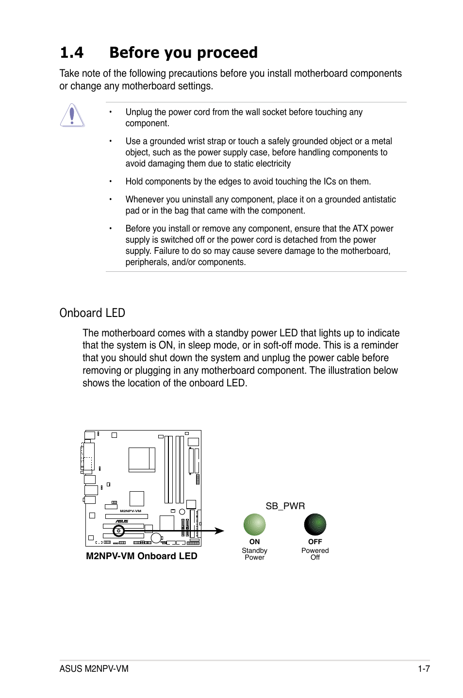 4 before you proceed, Onboard led | Asus M2NPV-VM User Manual | Page 19 / 102