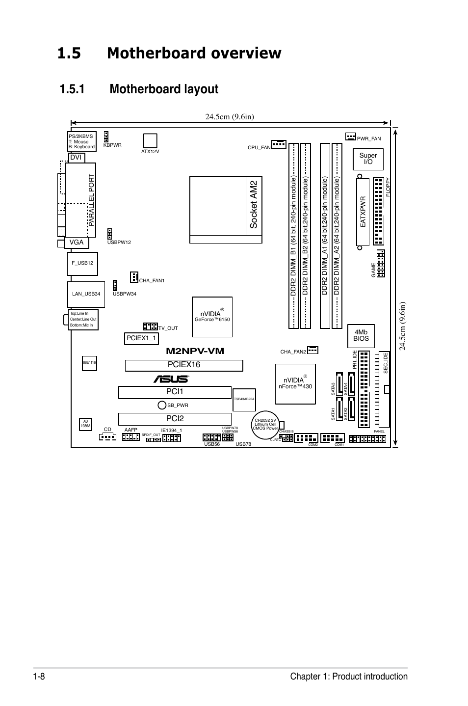 5 motherboard overview, 1 motherboard layout, 8 chapter 1: product introduction | Socket am2, M2npv-vm, 5cm (9.6in), Pciex16, Pci1 pci2 | Asus M2NPV-VM User Manual | Page 20 / 102