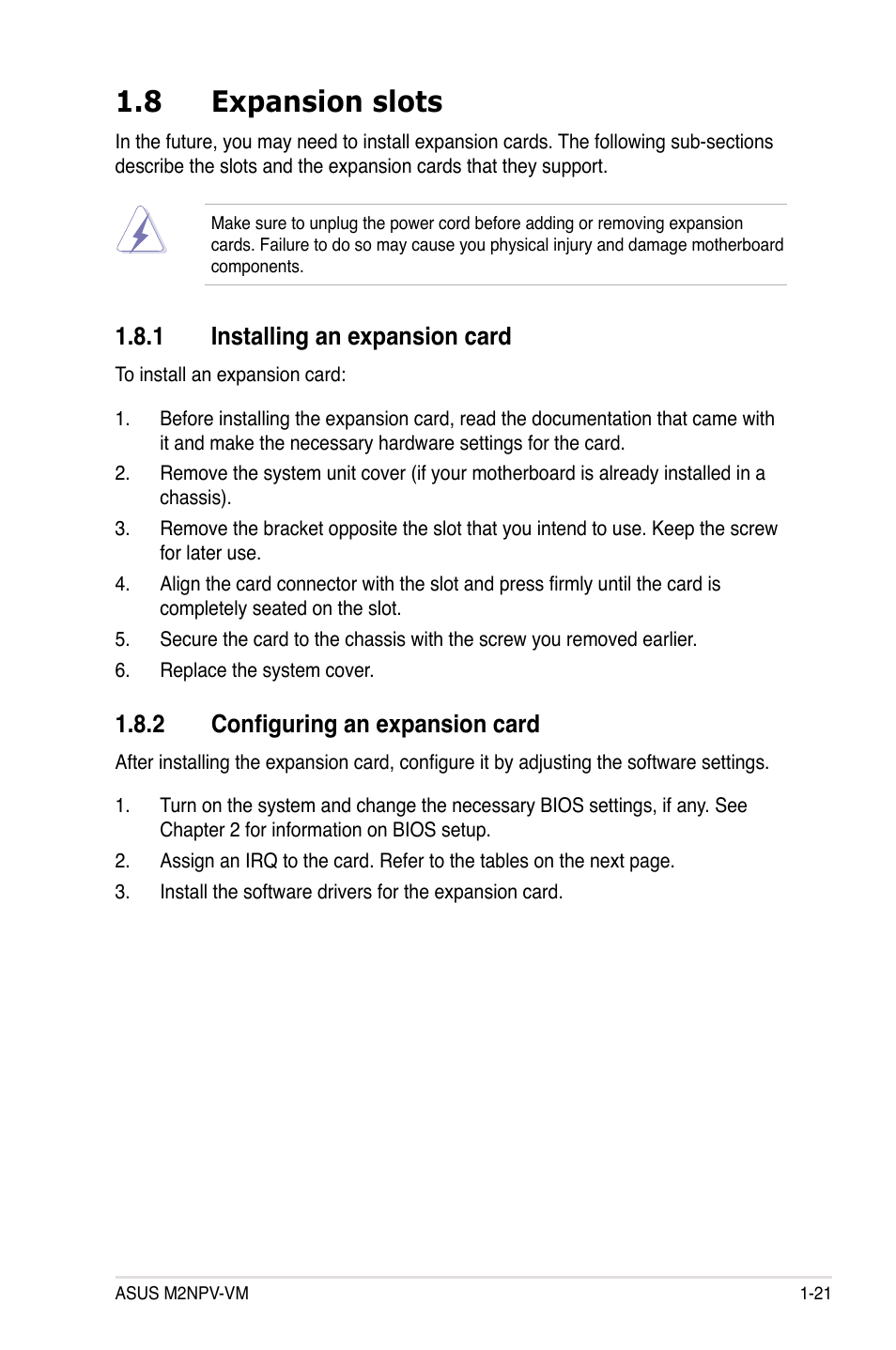 8 expansion slots, Installing.an.expansion.card, 2 configuring an expansion card | Asus M2NPV-VM User Manual | Page 33 / 102