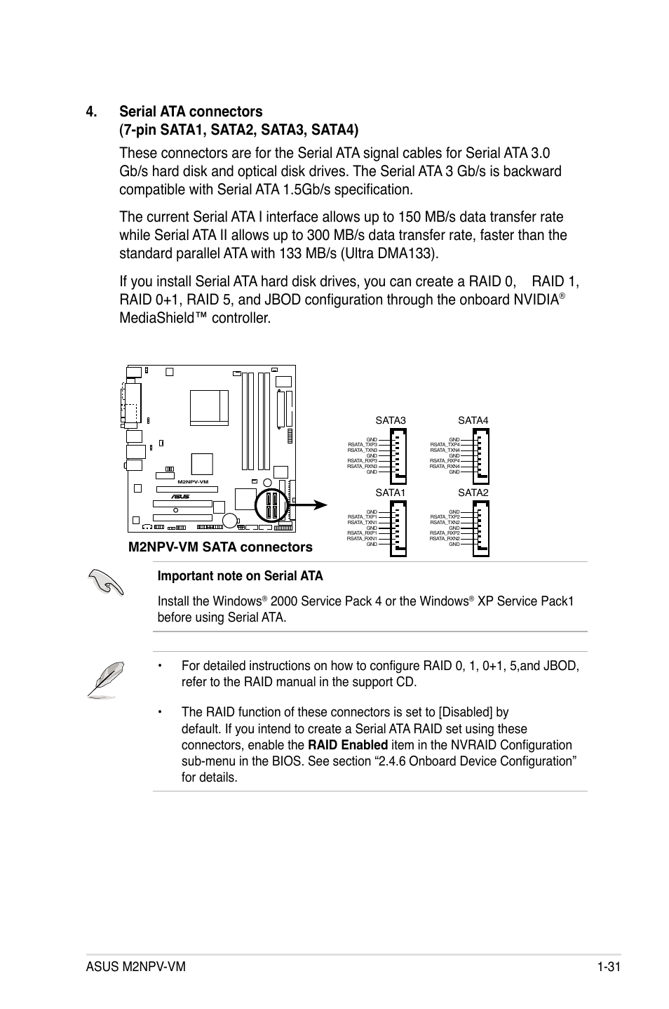 Mediashield™ controller, Asus m2npv-vm 1-31, M2npv-vm.sata.connectors | Asus M2NPV-VM User Manual | Page 43 / 102