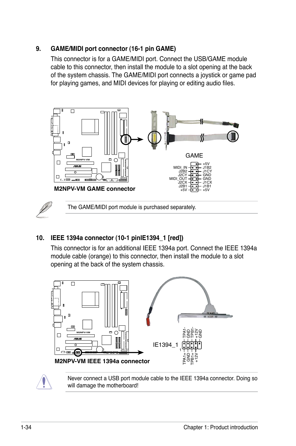 34 chapter 1: product introduction, M2npv-vm.game.connector game, The game/midi port module is purchased separately | Asus M2NPV-VM User Manual | Page 46 / 102