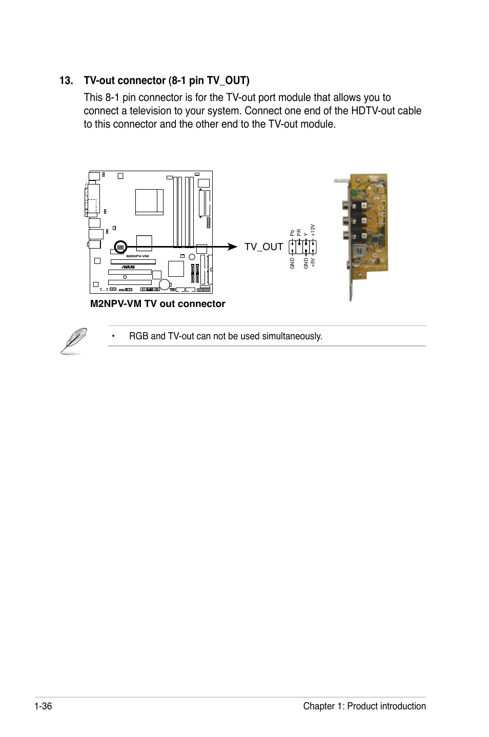 36 chapter 1: product introduction, M2npv-vm tv out connector tv_out, Rgb and tv-out can not be used simultaneously | Asus M2NPV-VM User Manual | Page 48 / 102